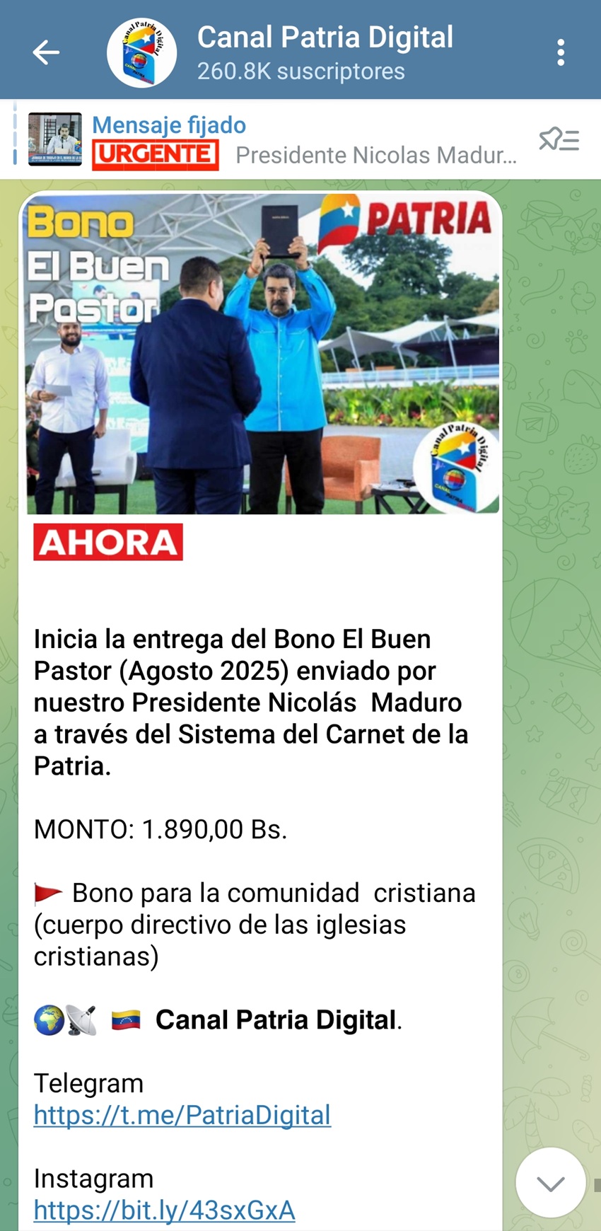 Por Bs. 1.890: Pagan el bono «El Buen Pastor» de agosto a través del Carnet de la Patria