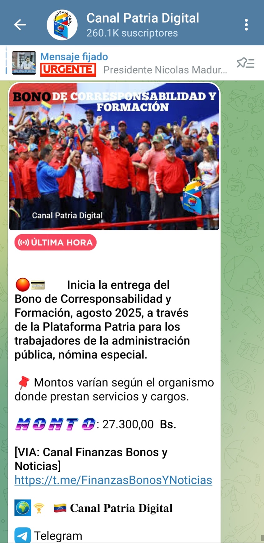 Pagan bono de «Corresponsabilidad y Formación» de agosto a trabajadores de nómina especial por Bs. 27.000