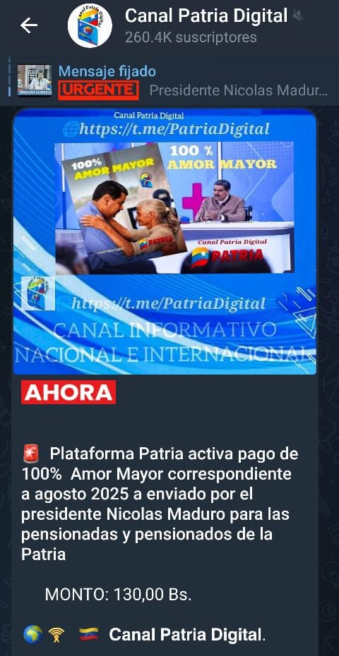 Inician pago del bono «100% Amor Mayor» de agosto (+Detalles)
