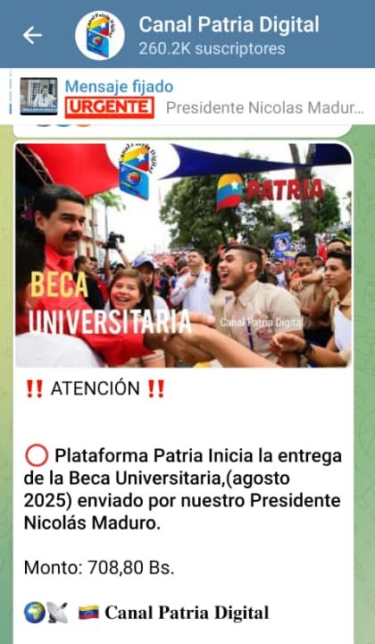 Inician pago del Bono «Beca Universitaria» de agosto: incrementó 16,67% en bolívares