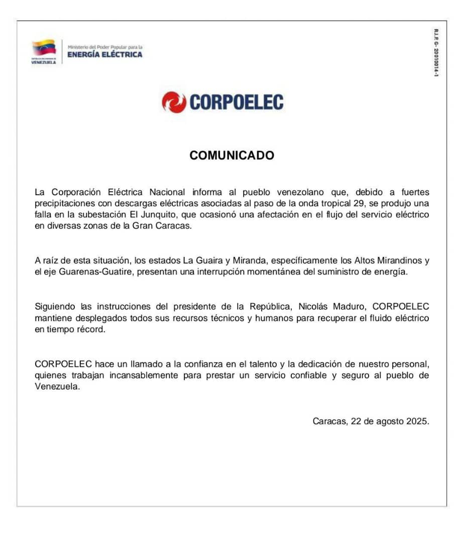 Falla en subestación El Junquito afectó parte de Caracas y algunos estados del centro del país