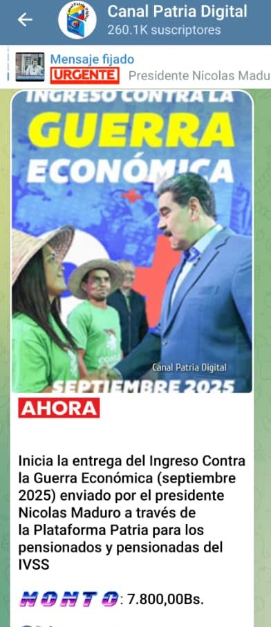 Pagan Ingreso Contra la Guerra Económica de septiembre a pensionados: incrementó 16,41% en bolívares