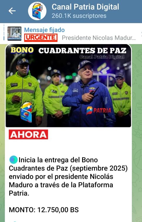 Inician pago del «Bono Cuadrantes de Paz» de septiembre: incrementó 21,45% en bolívares