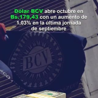Dólar BCV abrirá octubre en Bs.179,43 con un aumento de 1,03% en la última jornada de septiembre