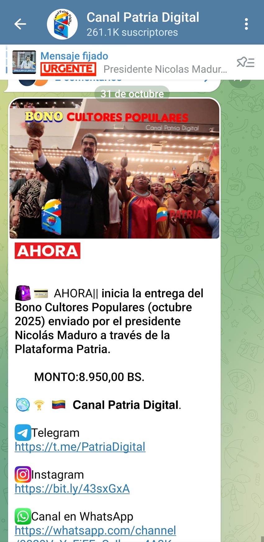 Aumentó más de 20% en bolívares: Pagan el bono «Cultores Populares» de octubre de 2025 (+monto)