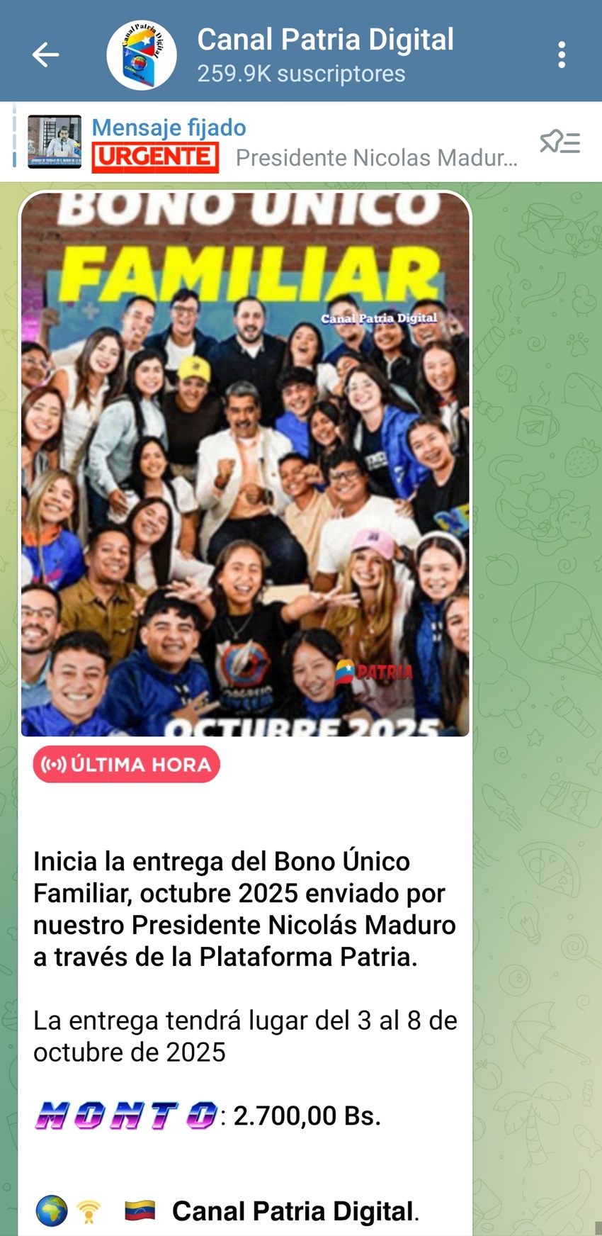 Incrementó más de 22%: Pagan el «Bono Único Familiar» de octubre por Bs. 2.700