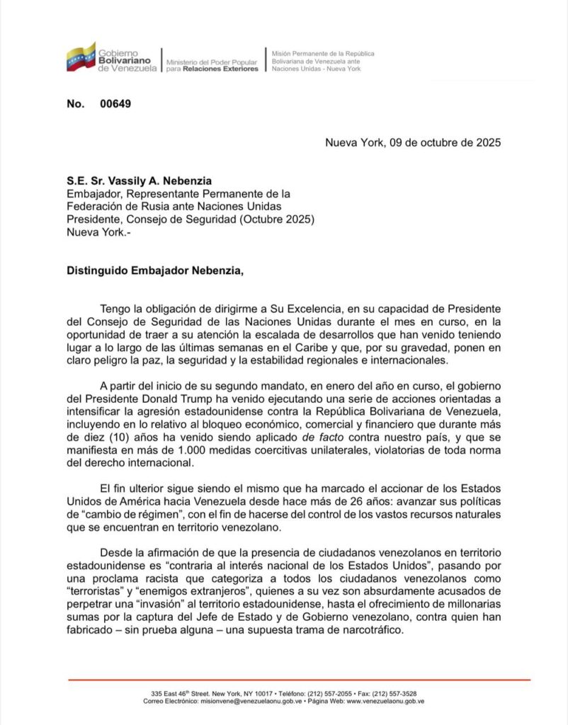 Venezuela pide reunión urgente del Consejo de Seguridad de la ONU para frenar posible «ataque armado» de EEUU