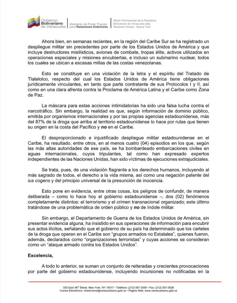 Venezuela pide reunión urgente del Consejo de Seguridad de la ONU para frenar posible «ataque armado» de EEUU