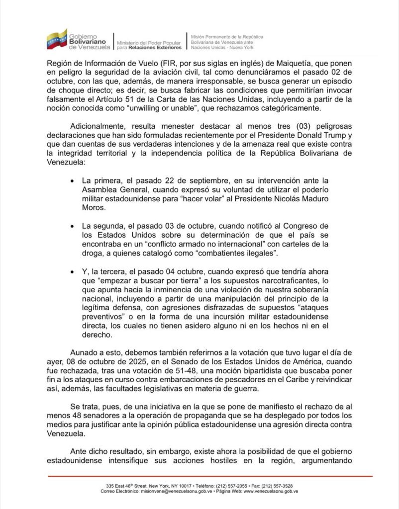 Venezuela pide reunión urgente del Consejo de Seguridad de la ONU para frenar posible «ataque armado» de EEUU