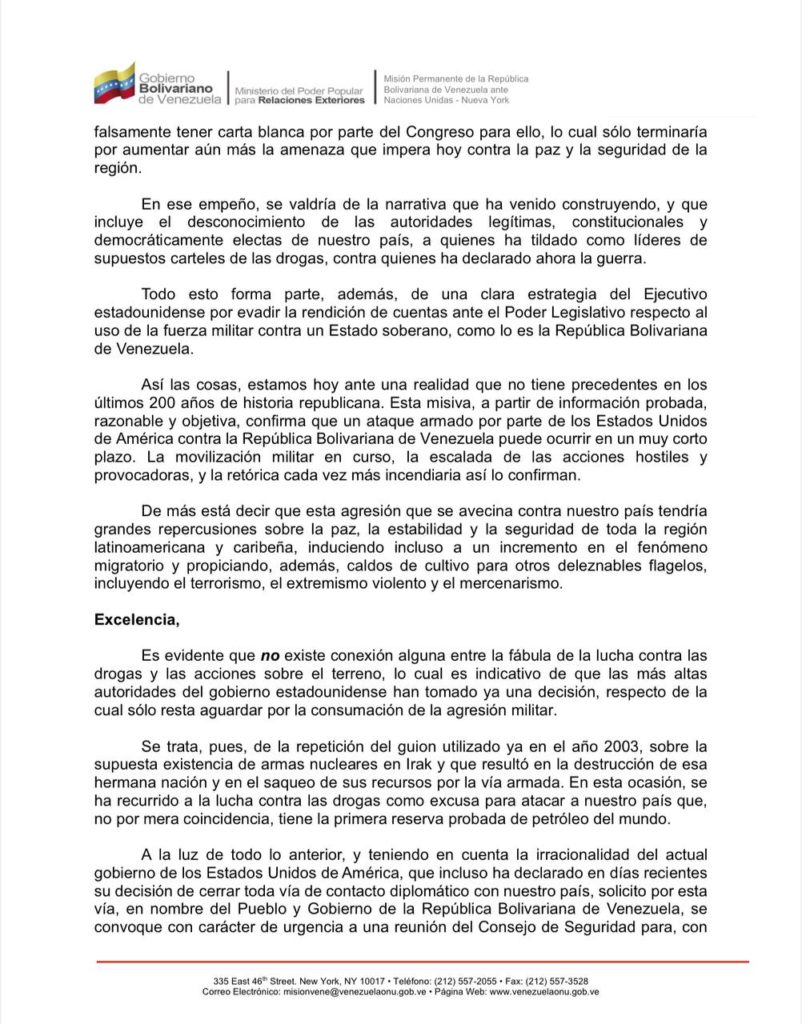 Venezuela pide reunión urgente del Consejo de Seguridad de la ONU para frenar posible «ataque armado» de EEUU
