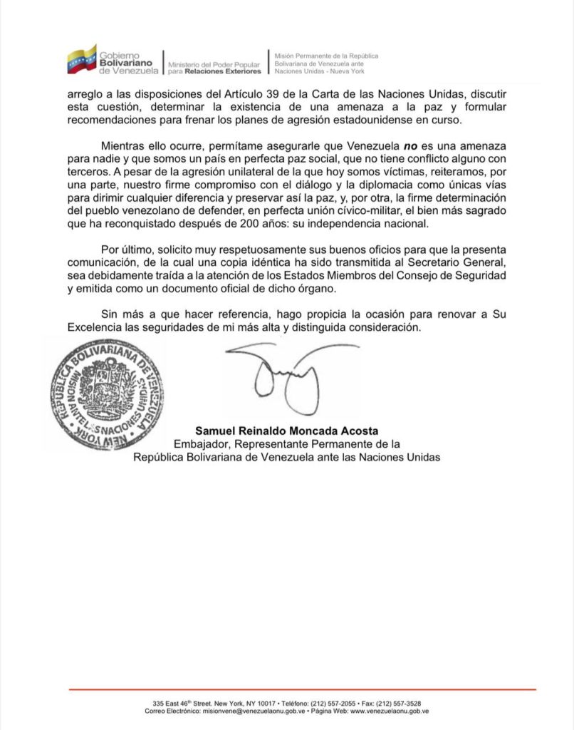 Venezuela pide reunión urgente del Consejo de Seguridad de la ONU para frenar posible «ataque armado» de EEUU
