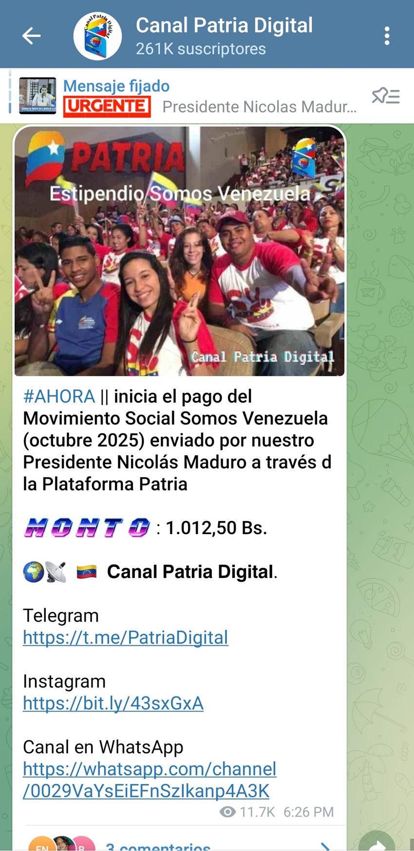 Pagan estipendio «Somos Venezuela» de octubre: Incrementó más de 20% en bolívares (+monto)