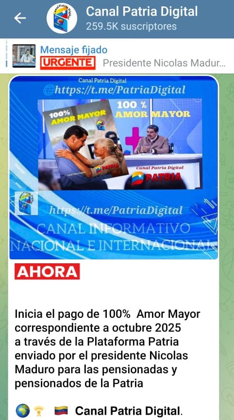 Inician pago del bono «100% Amor Mayor» de octubre a través de la Plataforma Patria