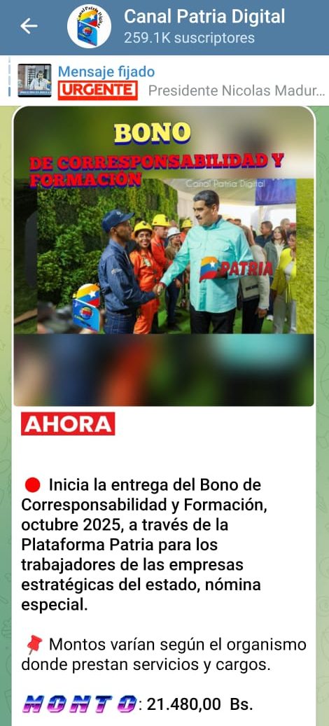 Por más de Bs.21 mil: pagan Bono Corresponsabilidad y Formación a trabajadores de empresas estratégicas