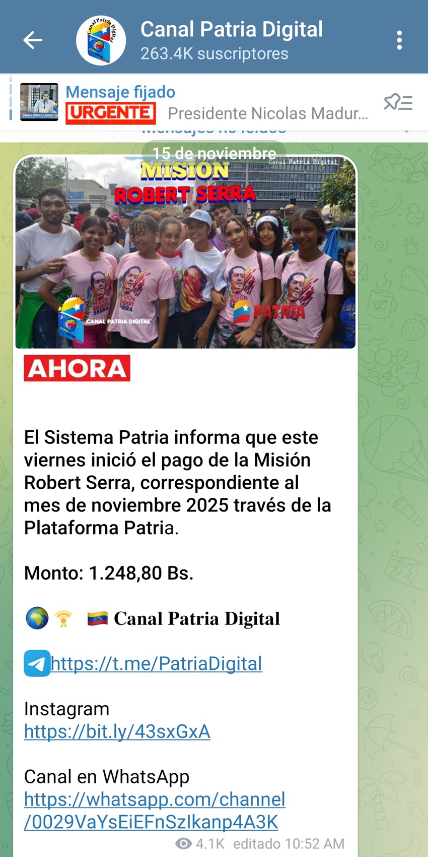 Por más de Bs. 1.200: Pagan la Misión «Robert Serra» de noviembre a través de la Plataforma Patria
