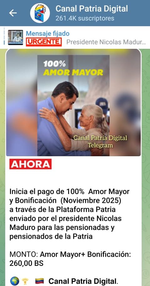 Pagan bono «100% Amor Mayor» de noviembre a través de la Plataforma Patria