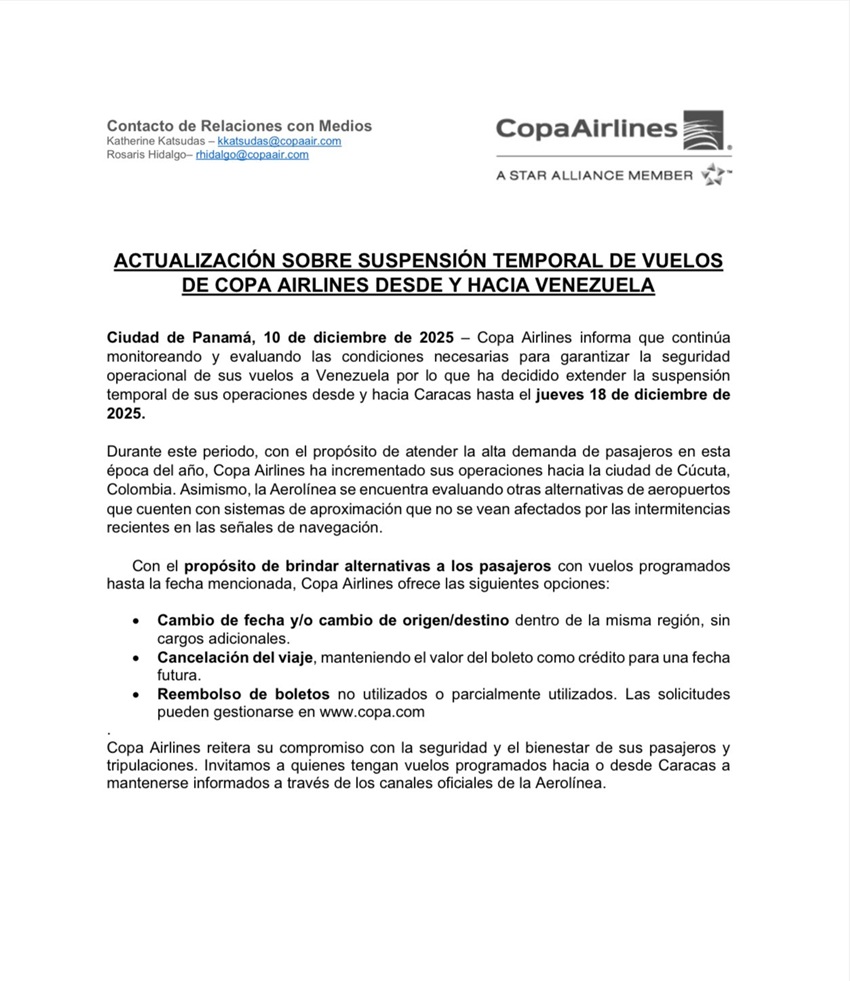 Copa Airlines extiende hasta el 18 de diciembre la suspensión de vuelos a Venezuela