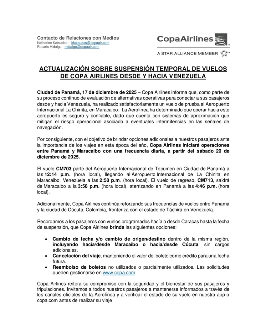 Copa Airlines anuncia un vuelo diario a Maracaibo a partir del 20 de diciembre