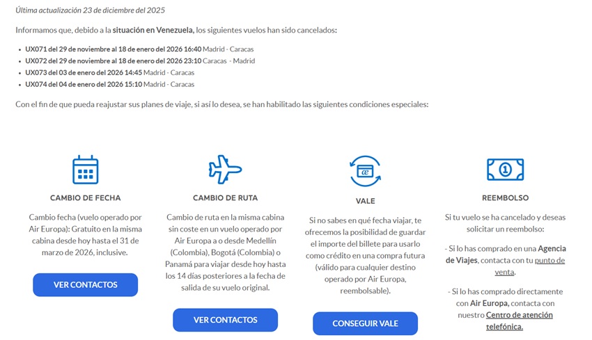 #Dato: Air Europa prolonga la cancelaci&oacute;n de vuelos a Venezuela hasta el #18Ene