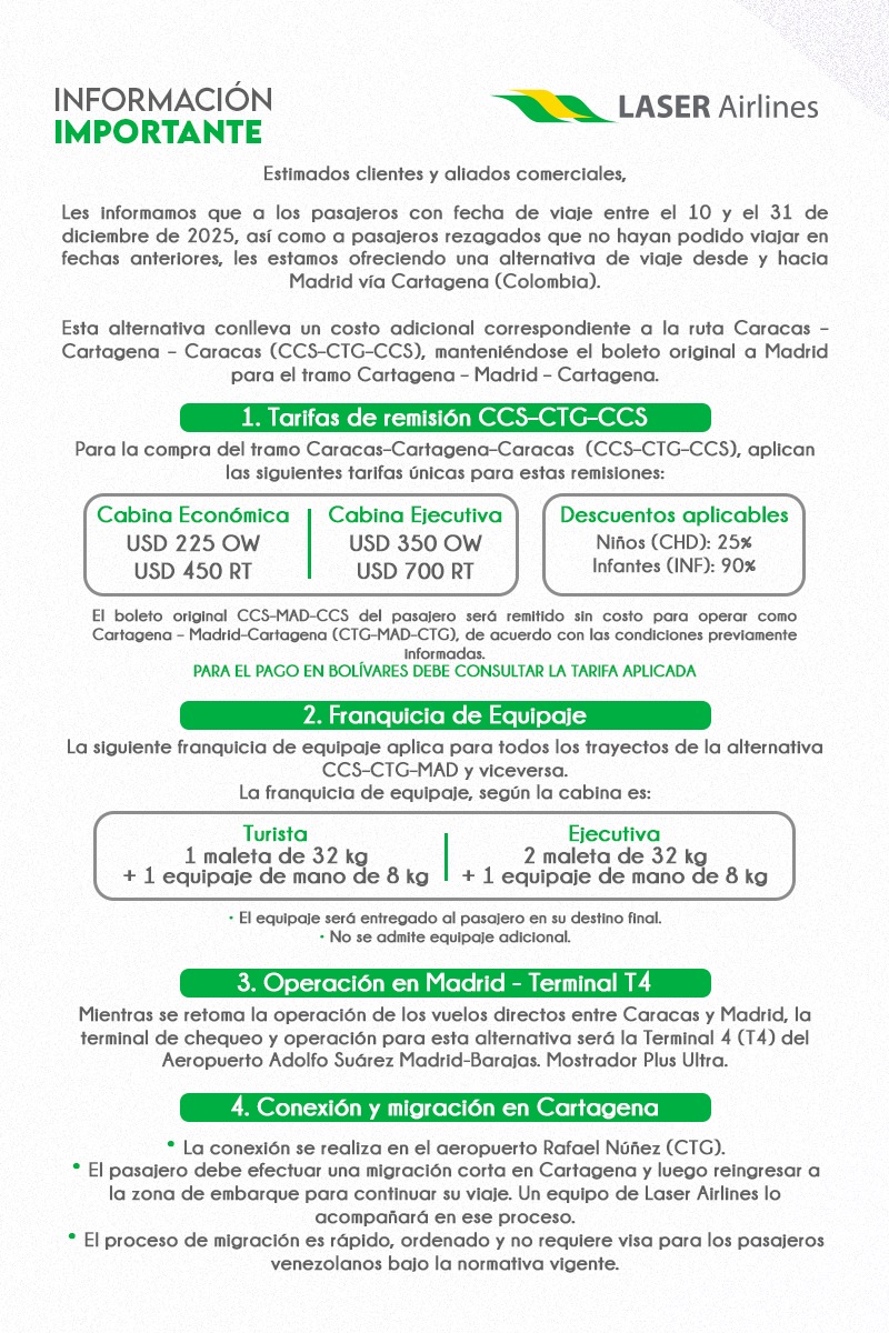 Aerolínea Laser anuncia que nueva ruta alternativa entre Caracas y Madrid tendrá costos adicionales