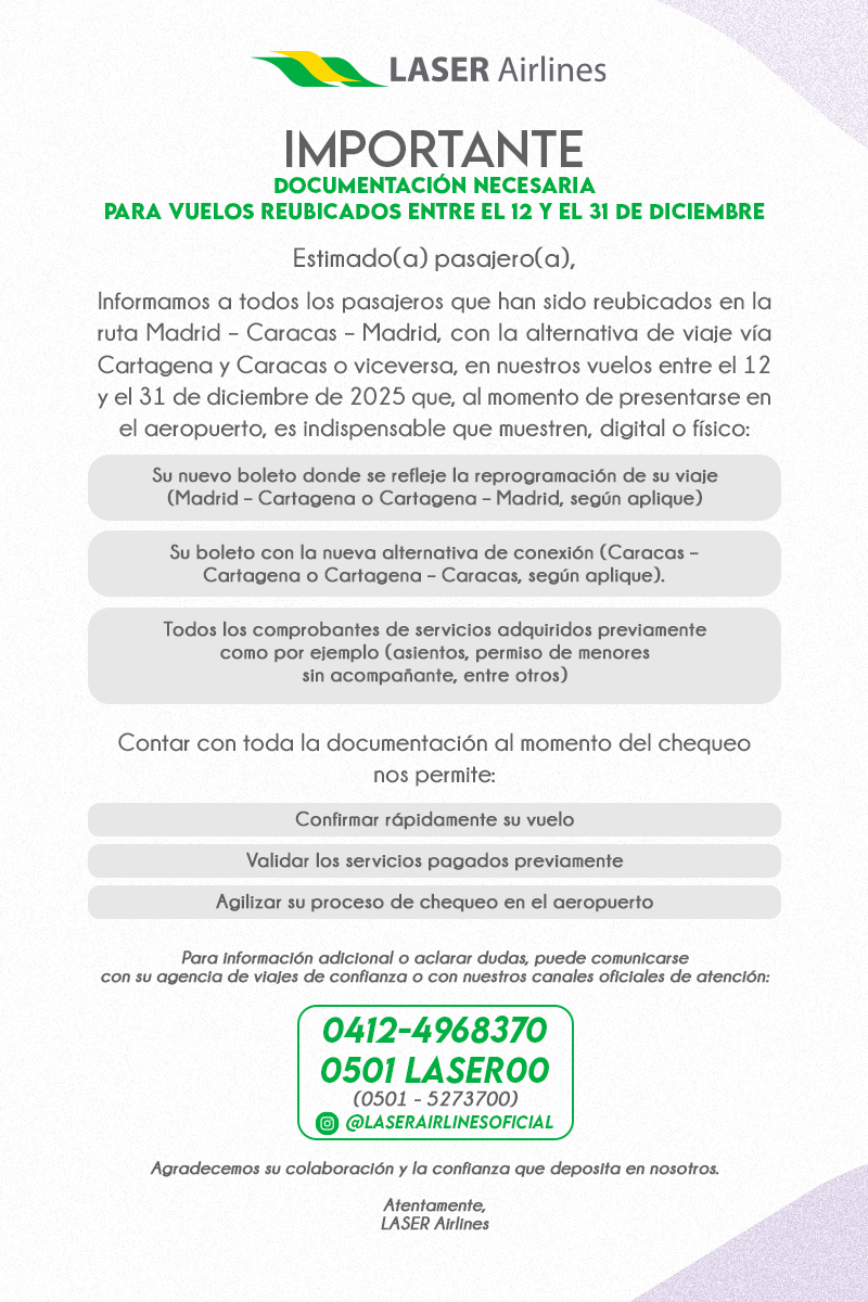 Laser Airlines ofrece nueva alternativa a Madrid vía Cartagena y más frecuencias a Bogotá y Curazao