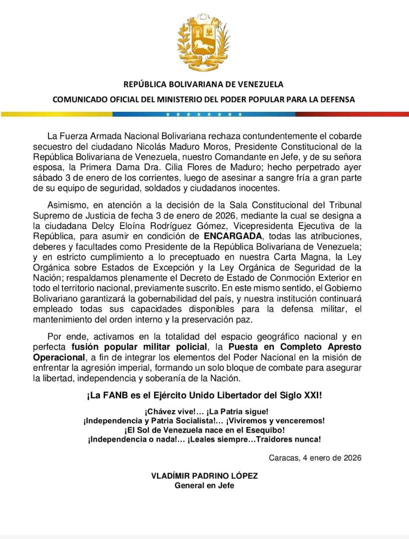 FANB respalda Decreto de Estado de Conmoción Exterior y llama a los venezolanos a retomar sus actividades