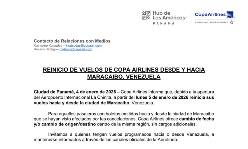 Copa Airlines reanuda su vuelo hacia y desde Maracaibo a partir de este #5Ene