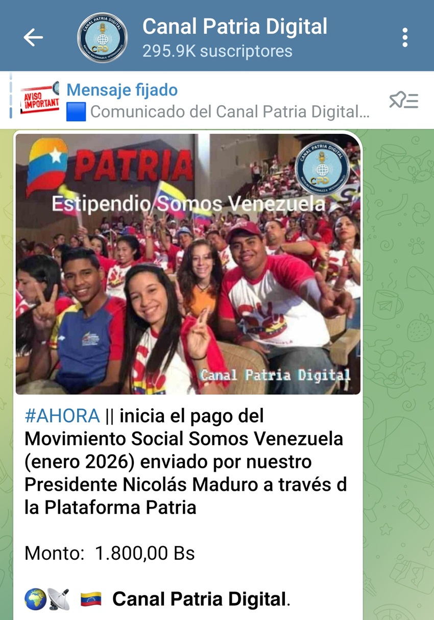 Aument&oacute; 29% en bol&iacute;vares: Pagan estipendio &laquo;Somos Venezuela&raquo; de enero (+monto)