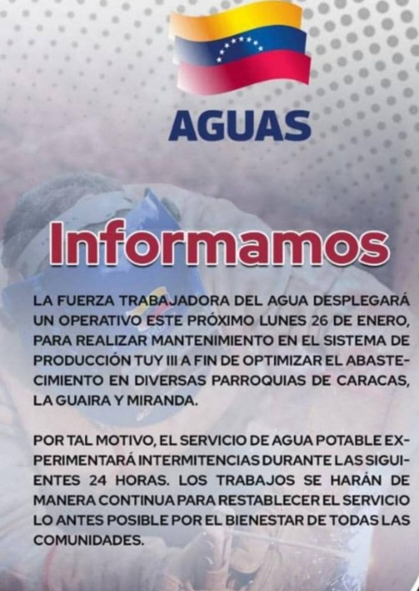 Hidrocapital realizar&aacute; mantenimiento en el Tuy III este #26Ene: El servicio experimentar&aacute; intermitencia