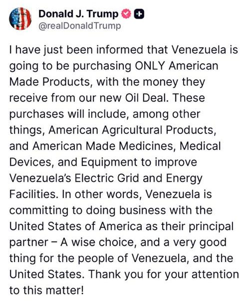 Trump dice que Venezuela comprará exclusivamente productos fabricados en EE.UU.