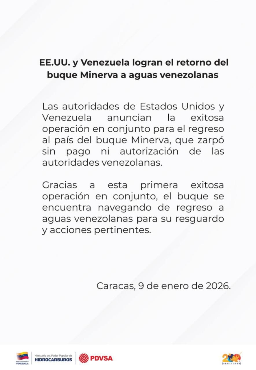 Pdvsa anuncia retorno a sus aguas de buque petrolero en una «exitosa operación» conjunta con EE.UU.
