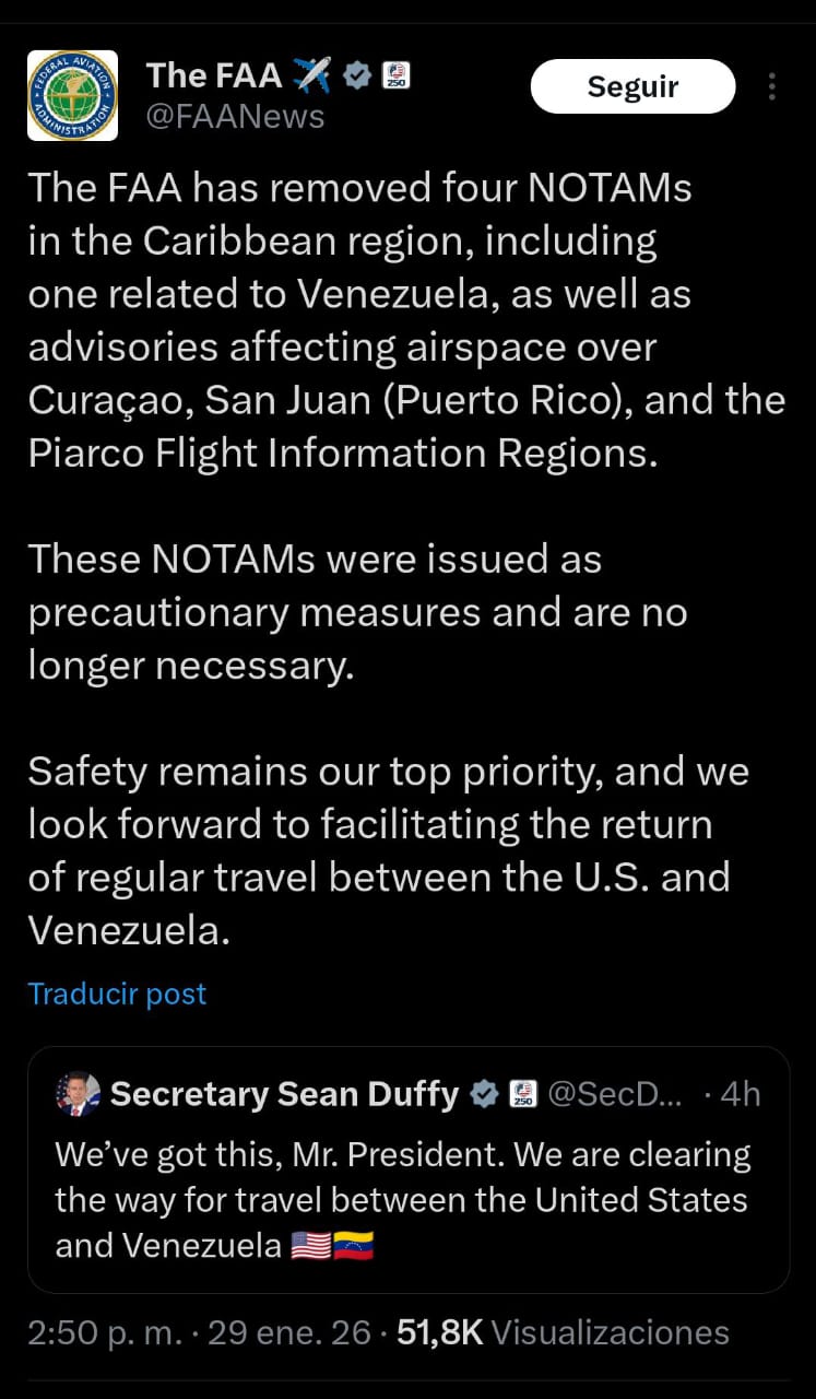Administraci&oacute;n Federal de Aviaci&oacute;n de EE.UU. elimina restricciones de vuelo para Venezuela y el Caribe
