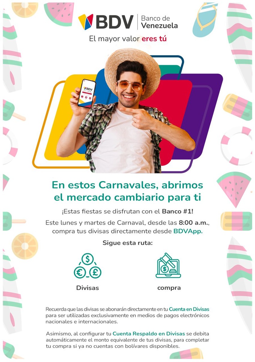 #Atentos: BDV abrir&aacute; este lunes y martes de Carnaval el mercado cambiario a personas naturales