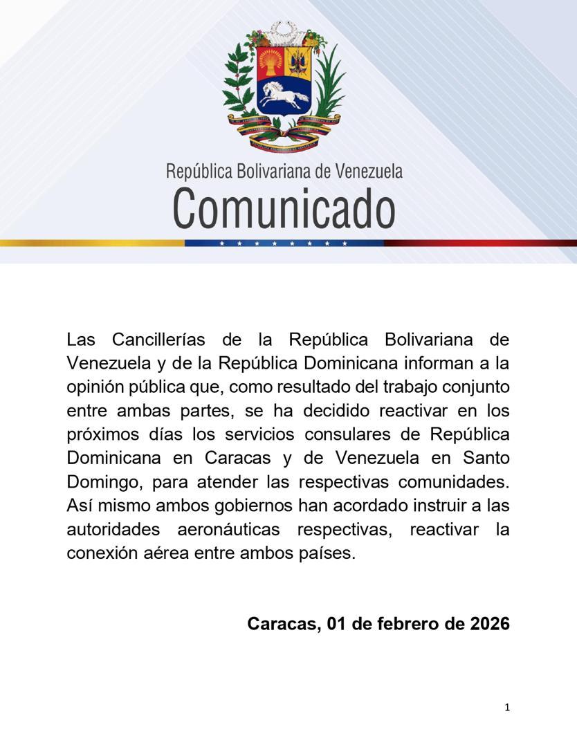 Venezuela anuncia reactivaci&oacute;n de servicios consulares y conexi&oacute;n a&eacute;rea con Rep&uacute;blica Dominicana