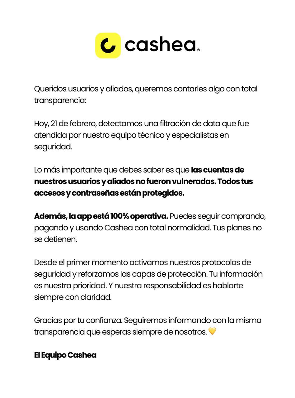 &laquo;Cuentas de usuarios y aliados no fueron vulneradas&raquo;: Cashea confirma filtraci&oacute;n de datos