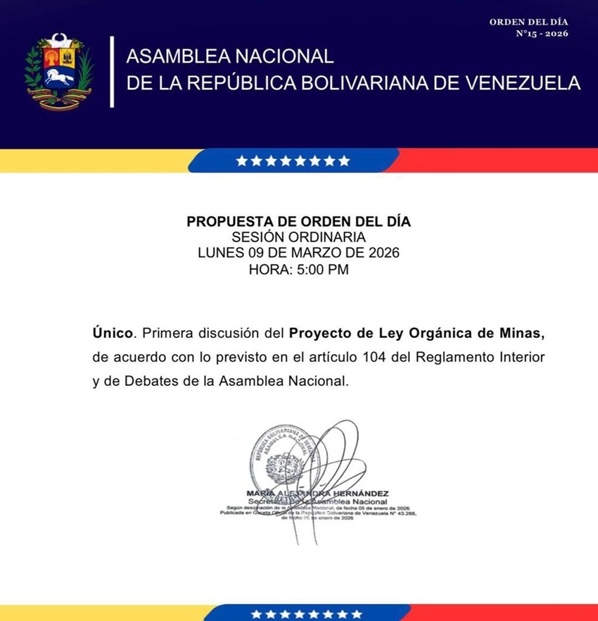 AN debatir&aacute; este #9Mar el proyecto de Ley de Minas tras recibir licencia de EEUU