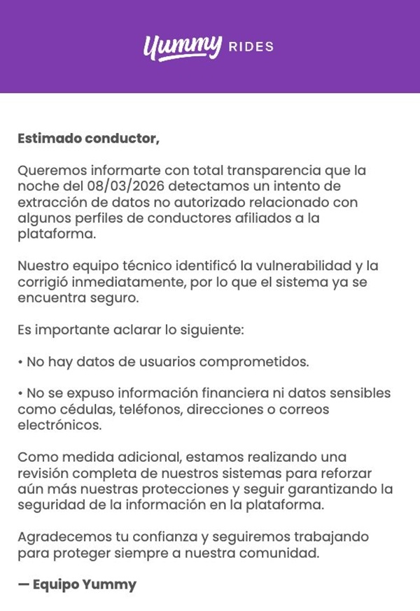 Intentaron extraer datos de Yummy Rides: &laquo;La vulnerabilidad fue identificada y corregida inmediatamente&raquo;
