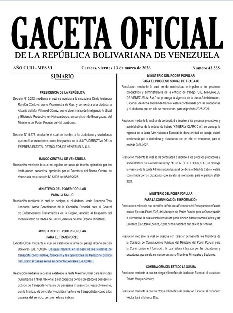 En Gaceta Oficial: Se establece la tarifa del pasaje urbano en Bs. 100