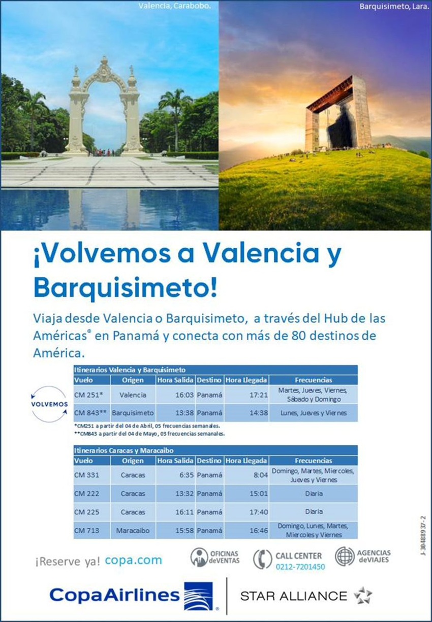 #Atentos: Copa Airlines conectar&aacute; a Valencia y a Barquisimeto con Panam&aacute; a partir de abril y mayo (+detalles)