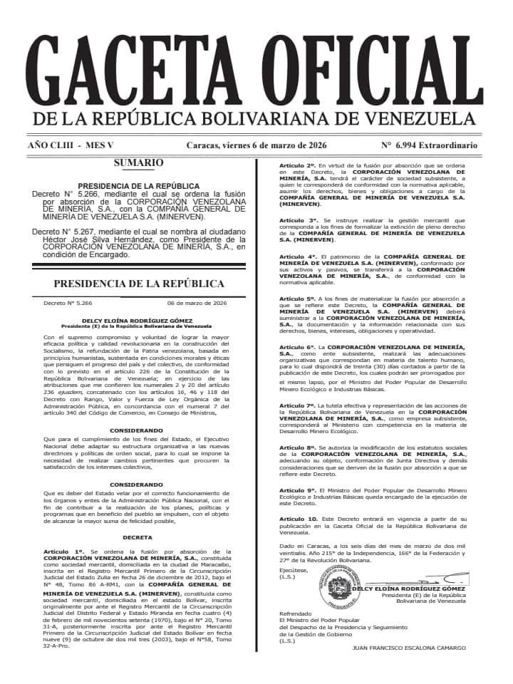 En Gaceta Oficial Extraordinaria: Ordenan la fusi&oacute;n de la Corporaci&oacute;n Venezolana de Miner&iacute;a con Minerven
