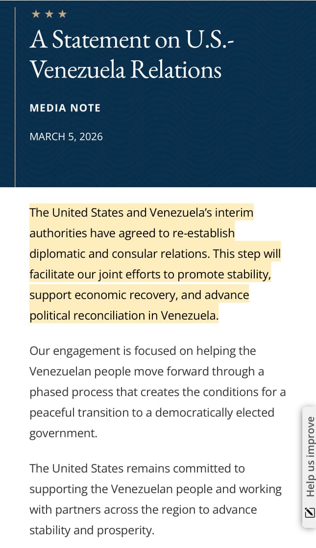Departamento de Estado: Venezuela y EE.UU. acuerdan restablecer formalmente relaciones diplom&aacute;ticas y consulares