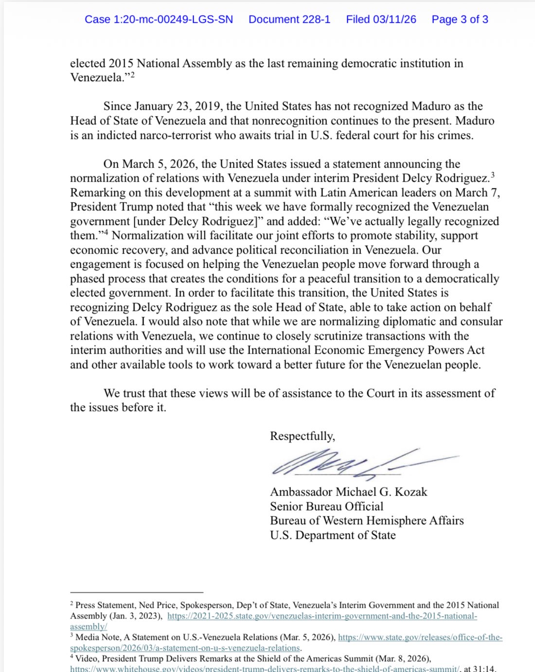 EEUU reconoce a Delcy Rodr&iacute;guez como &uacute;nica &laquo;jefa del Estado&raquo; de Venezuela, declara el Departamento de Estado