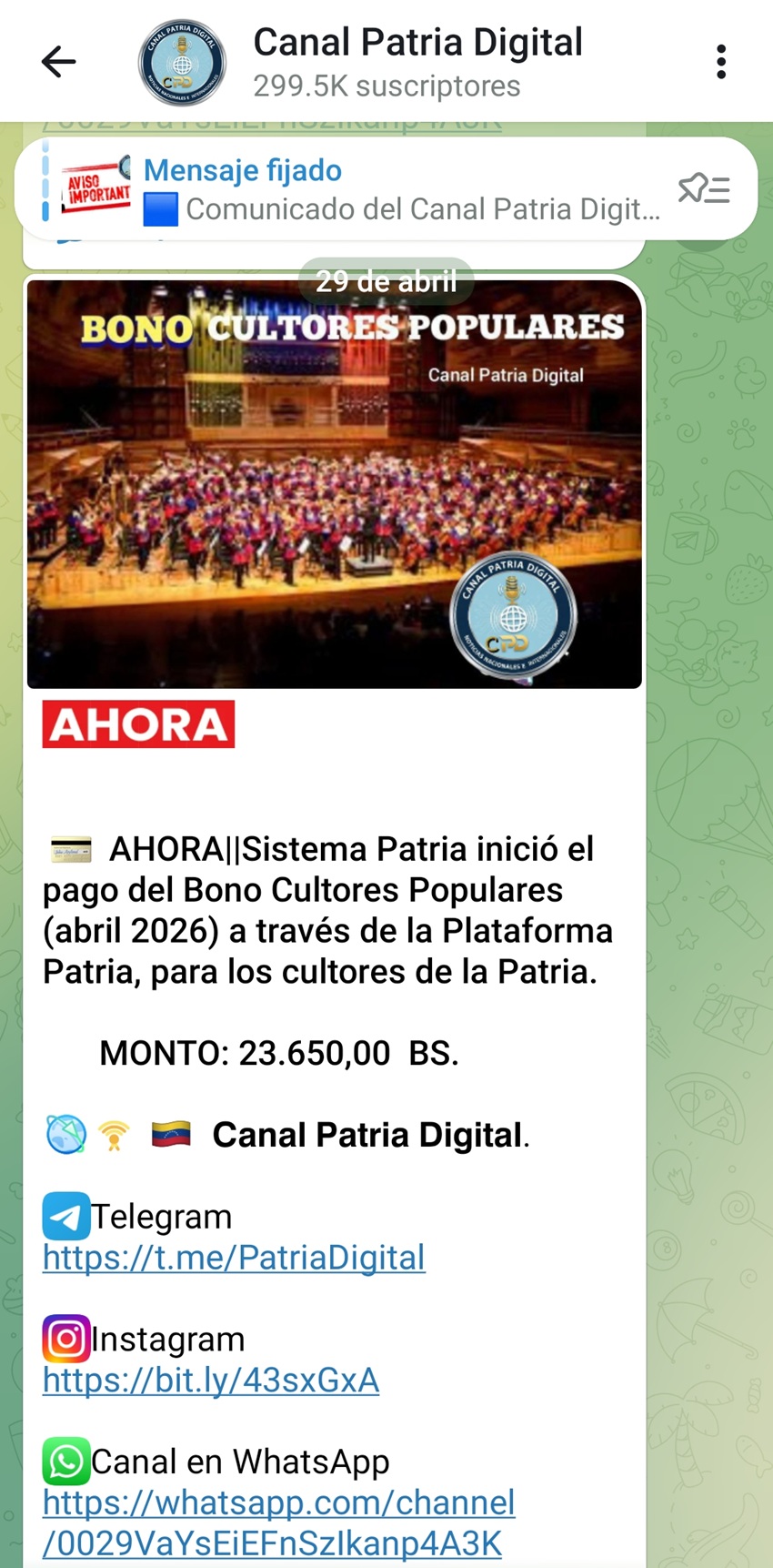 Pagan bono &laquo;Cultores Populares&raquo; de abril: Aument&oacute; m&aacute;s de 12% en bol&iacute;vares (+monto)