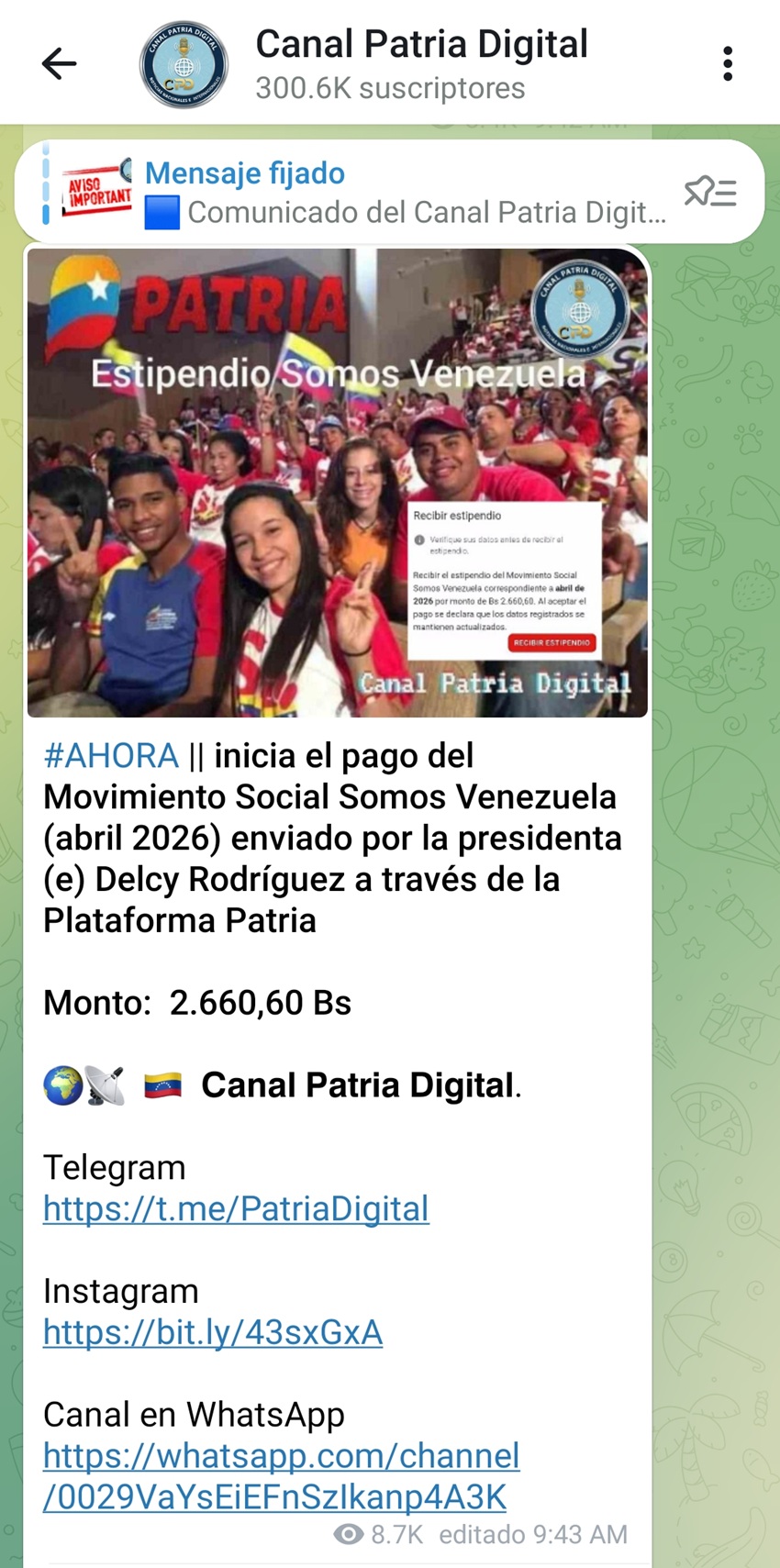 Pagan estipendio &laquo;Somos Venezuela&raquo; de abril: Tuvo un incremento en bol&iacute;vares (+monto)