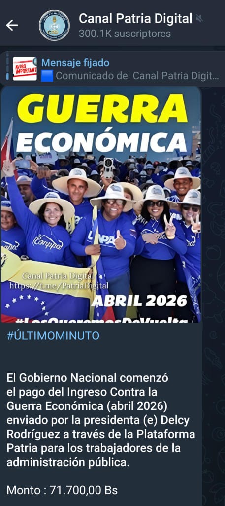 Pagan bono «Contra la Guerra Económica» de abril a trabajadores públicos: equivale a US$149,84