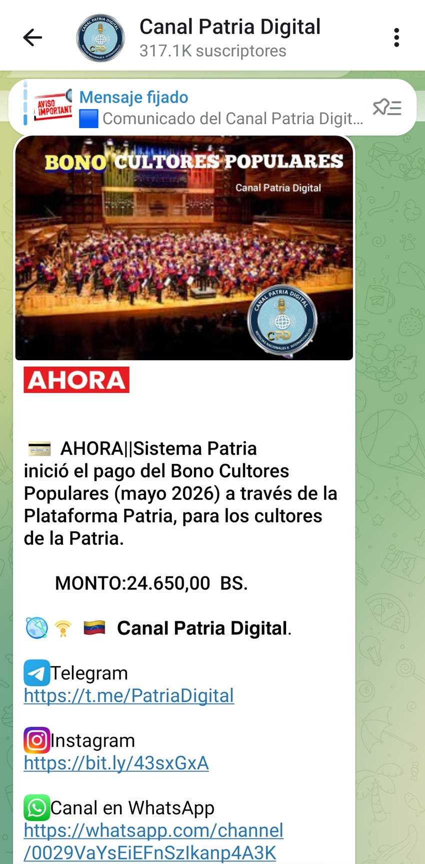 Incrementó más de 4% en bolívares: Pagan bono «Cultores Populares» de mayo de 2026
