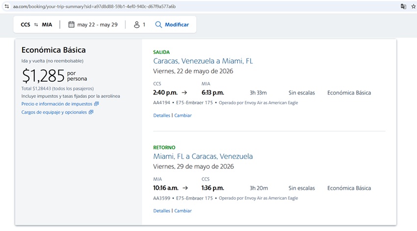#EnDetalles: El horario y el costo del boleto del segundo vuelo diario de American Airlines entre Miami y Caracas