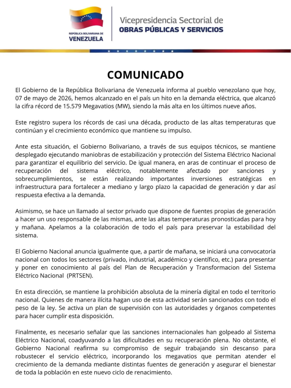 Advierten que demanda el&eacute;ctrica nacional del #7Mayo alcanz&oacute; 15.579 MW, &laquo;la m&aacute;s alta en una d&eacute;cada&raquo;