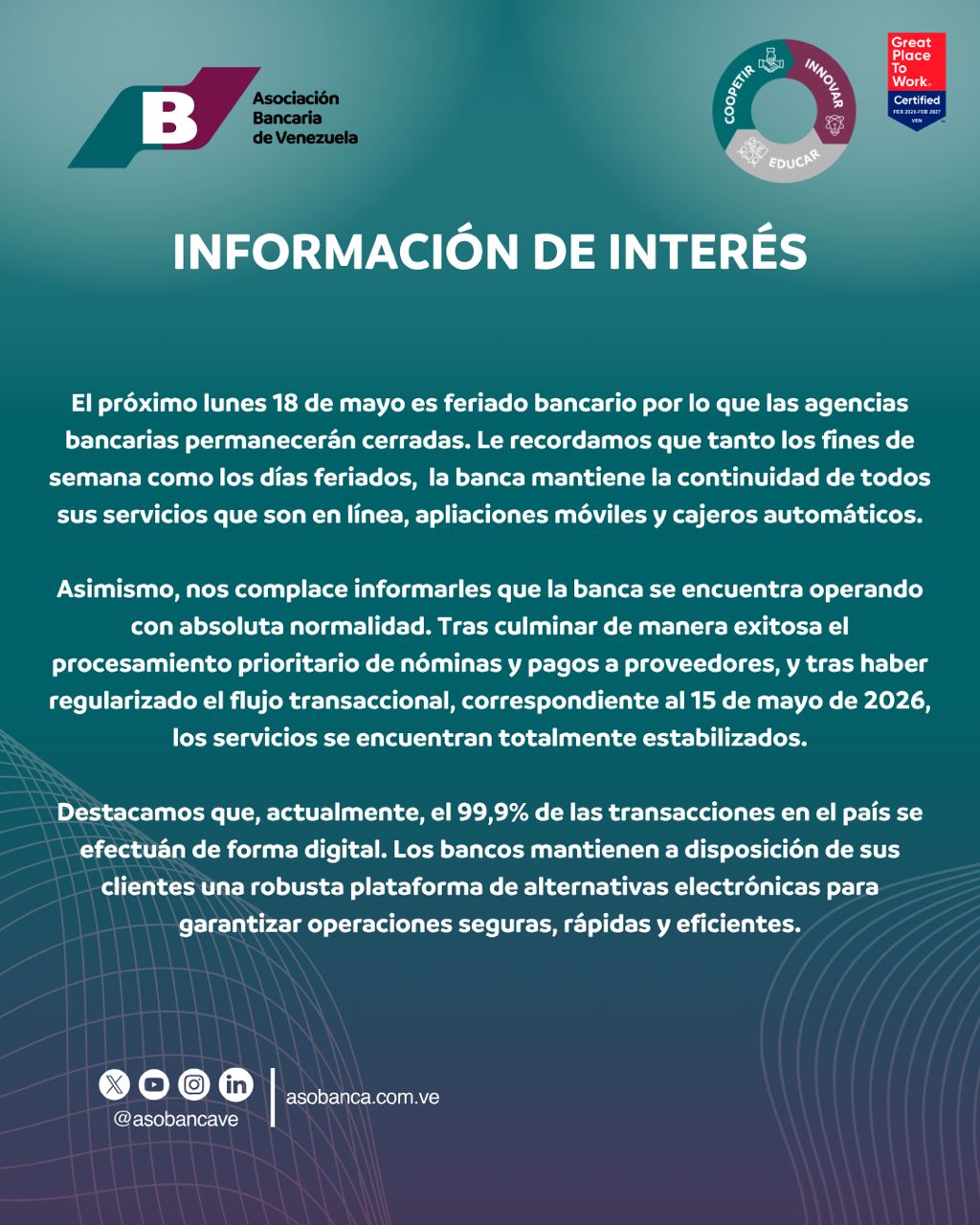 ABV: La banca opera con normalidad tras haber regularizado flujo transaccional del pasado 15 de mayo