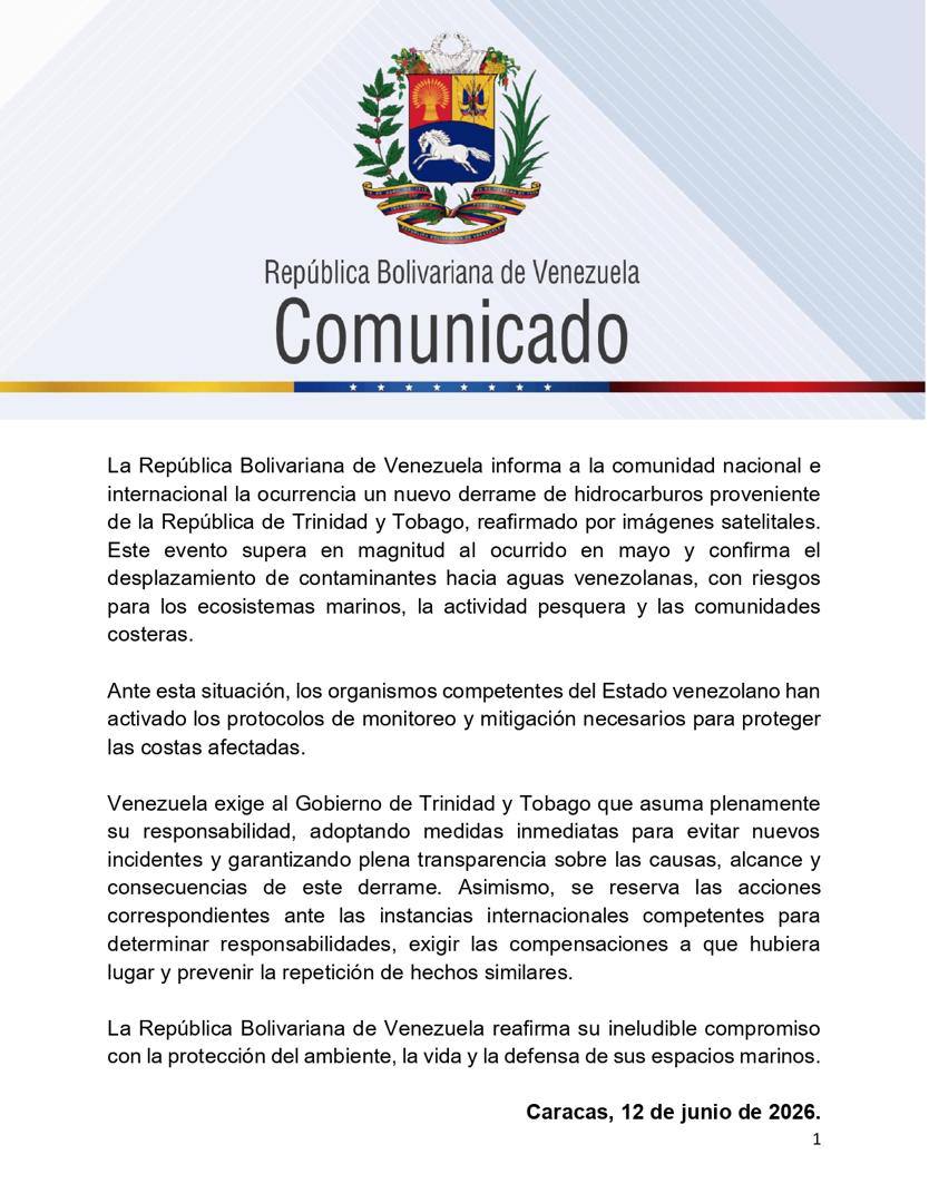 Venezuela denuncia derrame de crudo proveniente de Trinidad: &laquo;Este evento supera en magnitud al ocurrido en mayo&raquo;